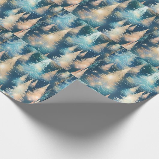 青と白の木々のクリスマスモダン ラッピングペーパー (角)
