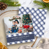 青と白の格子模様ホリデーカード シーズンカード