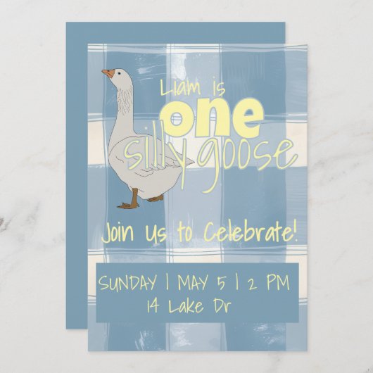 青と白の格子縞の 1 つの 馬鹿なガチョウ 招待状 (正面/裏面)