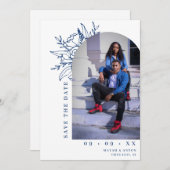 青と白の植物性フローラアーチ結婚写真 セーブザデート (正面/裏面)