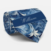 青と白の植物柄パターン ネクタイ (ロール)