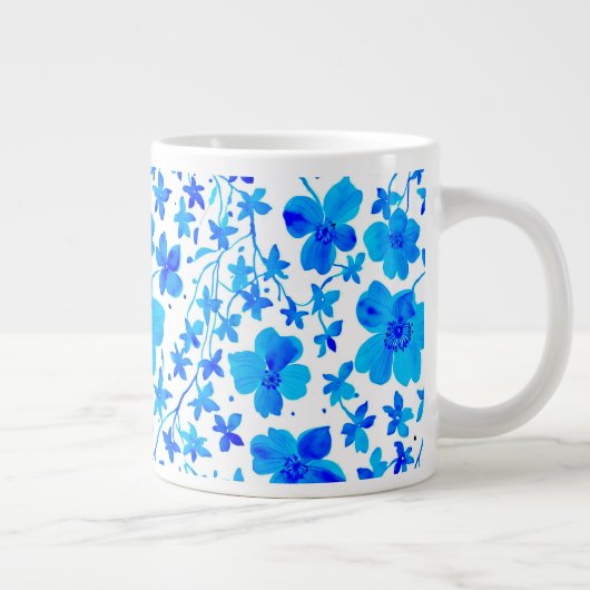 青と白の植物画風の花柄 ジャンボコーヒーマグカップ (右)