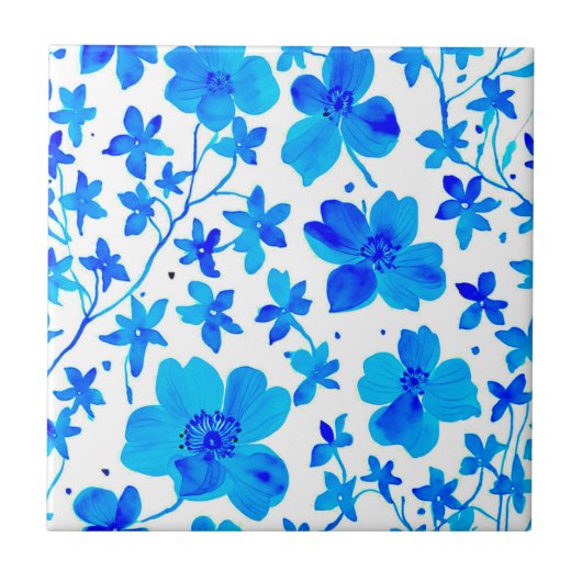 青と白の植物画風の花柄  タイル (正面)