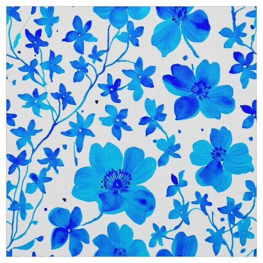 青と白の植物画風の花柄  ファブリック (見本)