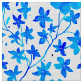 青と白の植物画風の花柄  ファブリック (クローズアップ)