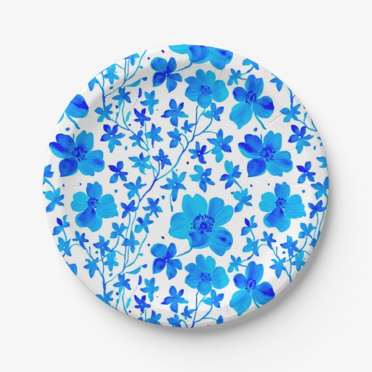 青と白の植物画風の花柄 ペーパープレート (正面)
