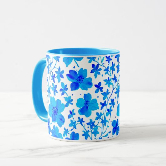 青と白の植物画風の花柄 マグカップ (正面左)