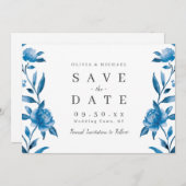 青と白の水の色のフローラは日付を保存 セーブザデート (正面/裏面)