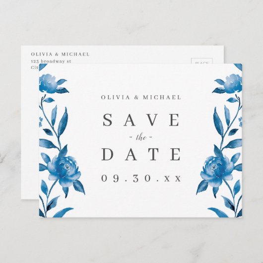 青と白の水の色のフローラは日付を保存 案内ポストカード (正面/裏面)