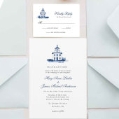青と白の水の色チャペルクリスチャン結婚ズ 招待状