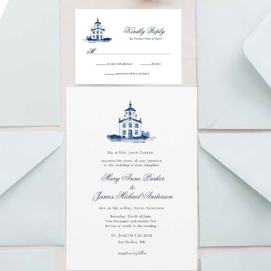 青と白の水の色チャペルクリスチャン結婚ズ 招待状