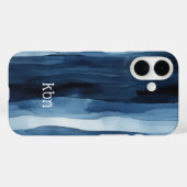 青と白の水彩ストライプ モノグラム 名前イニシャル Case-Mate iPhoneケース (裏面 (横))