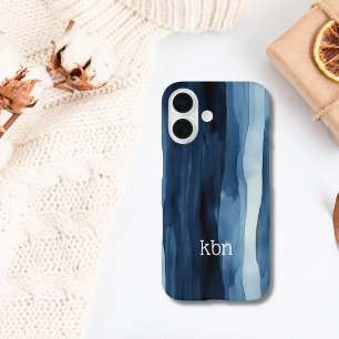 青と白の水彩ストライプ モノグラム 名前イニシャル iPhone 16ケース