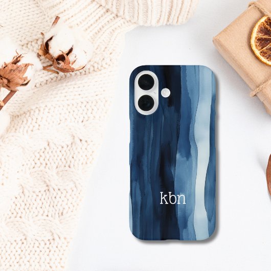 青と白の水彩ストライプ モノグラム 名前イニシャル Case-Mate iPhoneケース