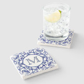 青と白の水彩タイルスペインのモノグラム ストーンコースター (横)