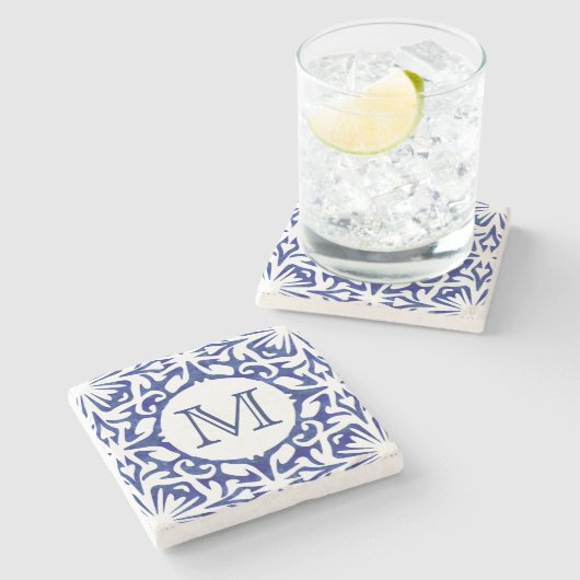 青と白の水彩タイルスペインのモノグラム ストーンコースター (横)