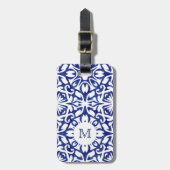 青と白の水彩タイルスペインのモノグラム ラゲッジタグ (正面縦)