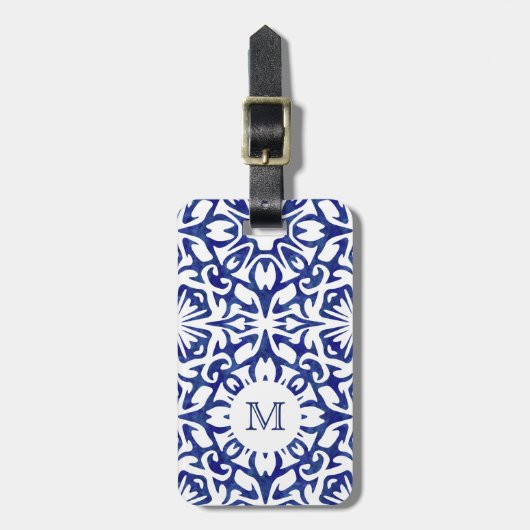 青と白の水彩タイルスペインのモノグラム ラゲッジタグ (正面縦)