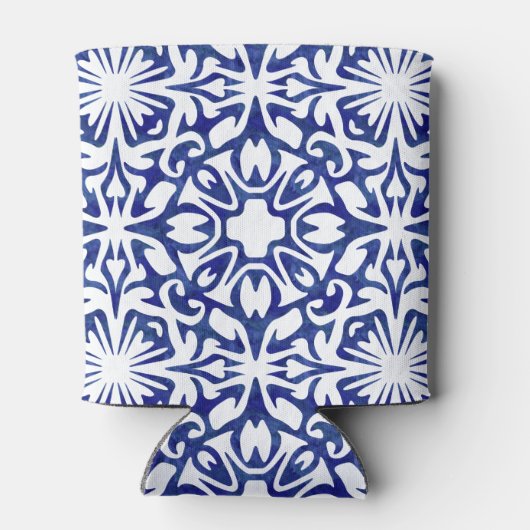 青と白の水彩タイルスペインのモノグラム 缶クーラー (裏面)