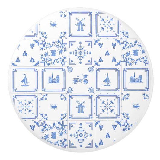 青と白の水彩デルフトタイル模様 セラミックノブ (正面)