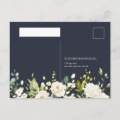 青と白の水彩フローラドロップなしメニュー出欠 インビテーションポストカード (裏面)