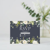 青と白の水彩フローラドロップなしメニュー出欠 インビテーションポストカード (スタンド正面)