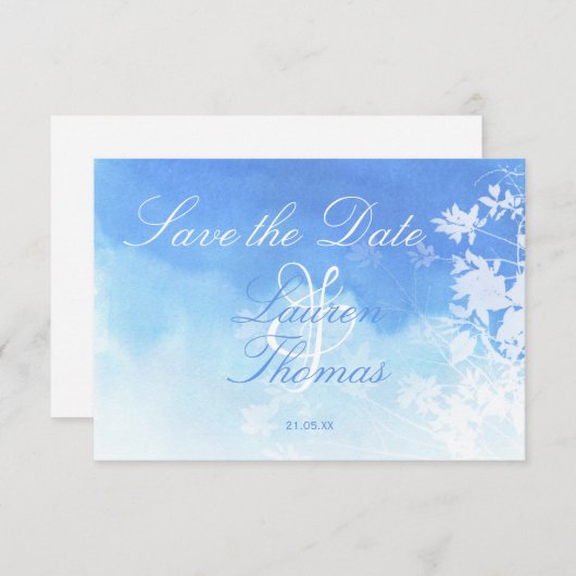 青と白の水彩日付カードを保存 セーブザデート (正面/裏面)