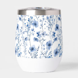 青と白の水彩画風の野の花のフラワーパターン