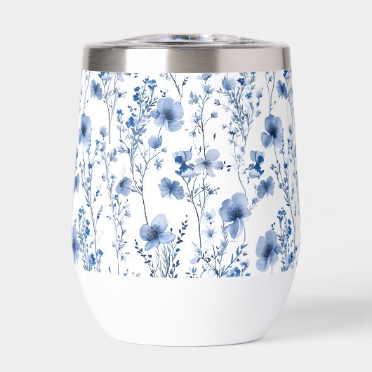 青と白の水彩画風の野の花のフラワーパターン (正面)
