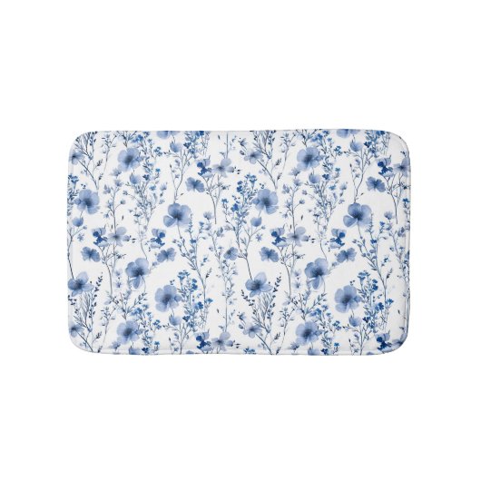 青と白の水彩画風の野の花 フラワー バスマット (正面)