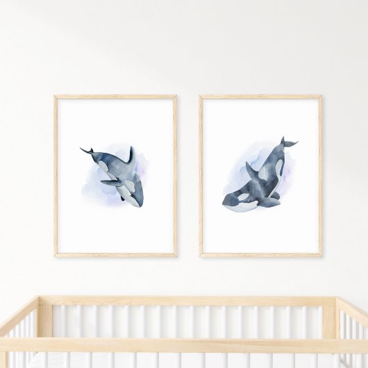 青と白の水彩画 オルカ キラーホエール ポスター