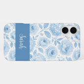 青と白の水彩花柄 名前入り iPhoneケース (裏面横)