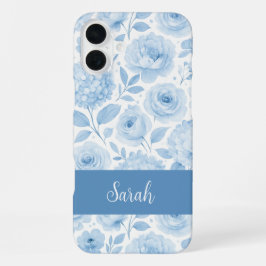 青と白の水彩花柄 名前入り iPhone 16 PLUSケース