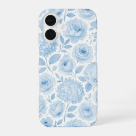 青と白の水彩花柄 iPhone 16ケース