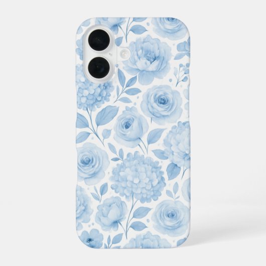 青と白の水彩花柄 iPhone 16ケース (裏面)
