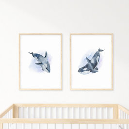 青と白の水彩 オルカ キラーホエール ポスター