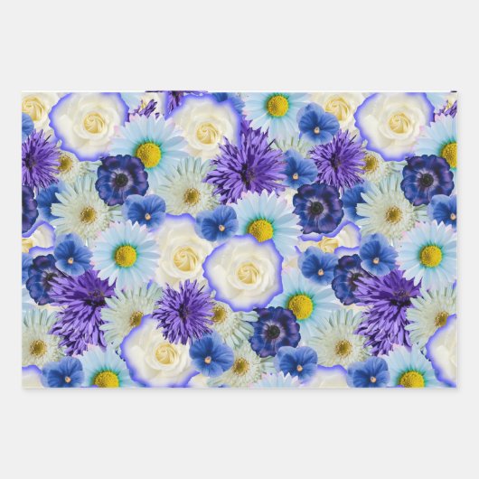 青と白の水玉模様の花のコラージュ ラッピングペーパーシート (正面2)