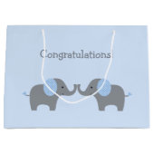 青と白の水玉模様ゾウ赤ちゃんシャワーラーグ ラージペーパーバッグ (正面)