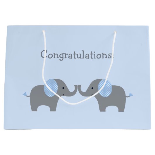 青と白の水玉模様ゾウ赤ちゃんシャワーラーグ ラージペーパーバッグ (正面)