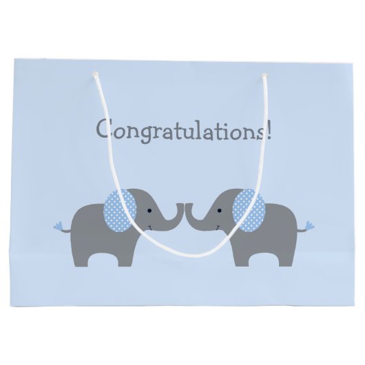 青と白の水玉模様ゾウ赤ちゃんシャワーラーグ ラージペーパーバッグ (裏面)
