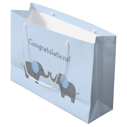 青と白の水玉模様ゾウ赤ちゃんシャワーラーグ ラージペーパーバッグ (正面アングル)