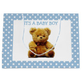 青と白の水玉模様テディベア  ラージペーパーバッグ (正面)