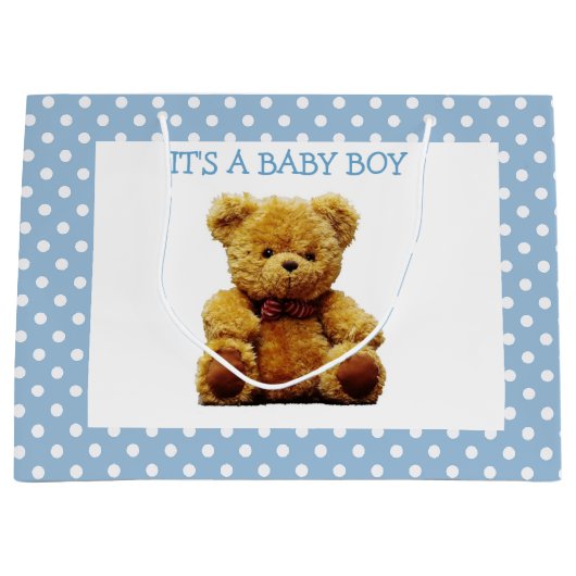 青と白の水玉模様テディベア  ラージペーパーバッグ (正面)