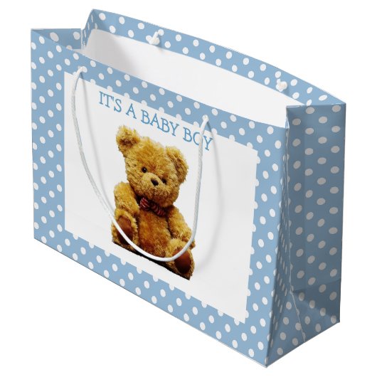 青と白の水玉模様テディベア  ラージペーパーバッグ (裏面アングル)
