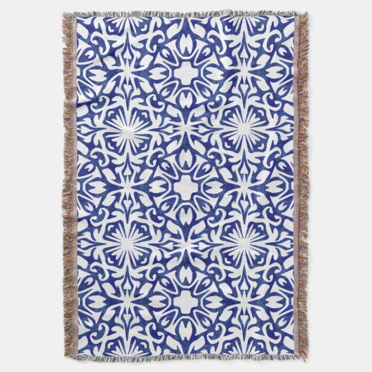 青と白の水色のタイルのパタスペインのーン スローブランケット (正面縦)