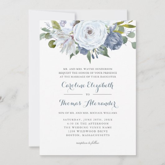 青と白の水色のフローラエレガントな結婚式 招待状 (正面)