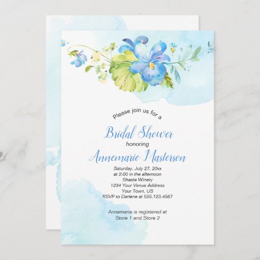 青と白の水色のフローラブライダルシャワー 招待状 (正面/裏面)