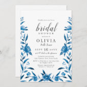 青と白の水色のフローラブライダルシャワー 招待状 (正面/裏面)