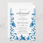 青と白の水色のフローラリハーサルディナー 招待状 (正面/裏面)