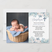 青と白の水色のフローラ少年の写真バプテスマ 招待状 (正面)